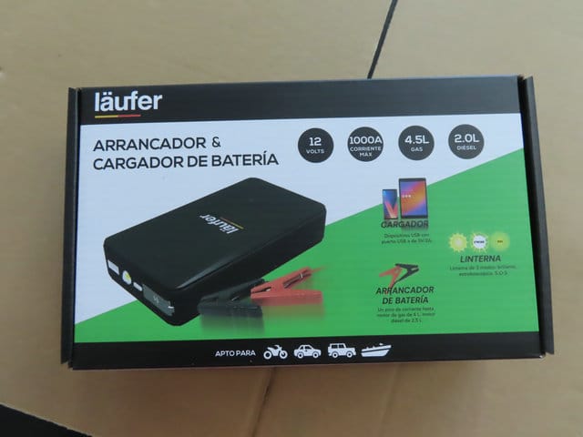 Caja de arrancador y cargador de batería Läufer de 12V y 1000A, apto para autos, motos y vehículos, con función de linterna y carga de dispositivos.