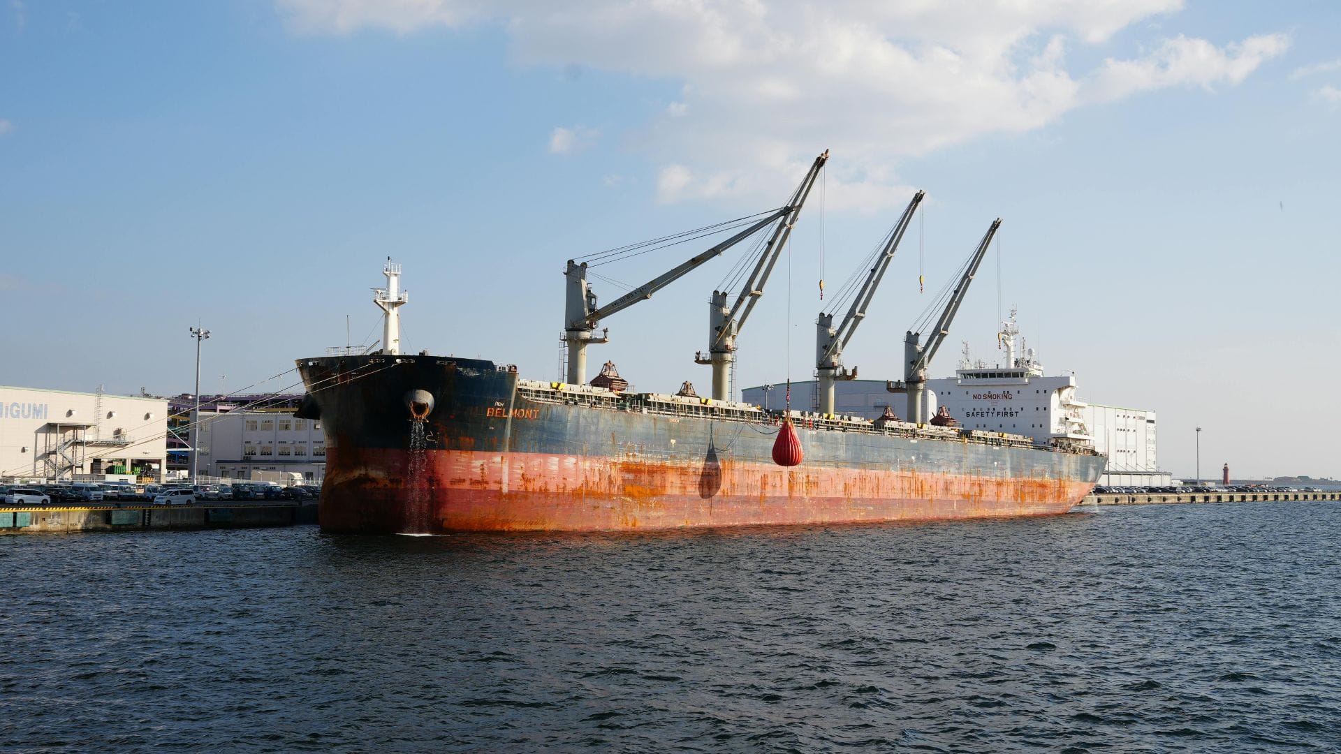 Buque carguero con grúas atracado en puerto, importación profesional para empresas