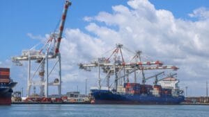 Buque portacontenedores azul con grúas en puerto, gestión de importación profesional para empresas