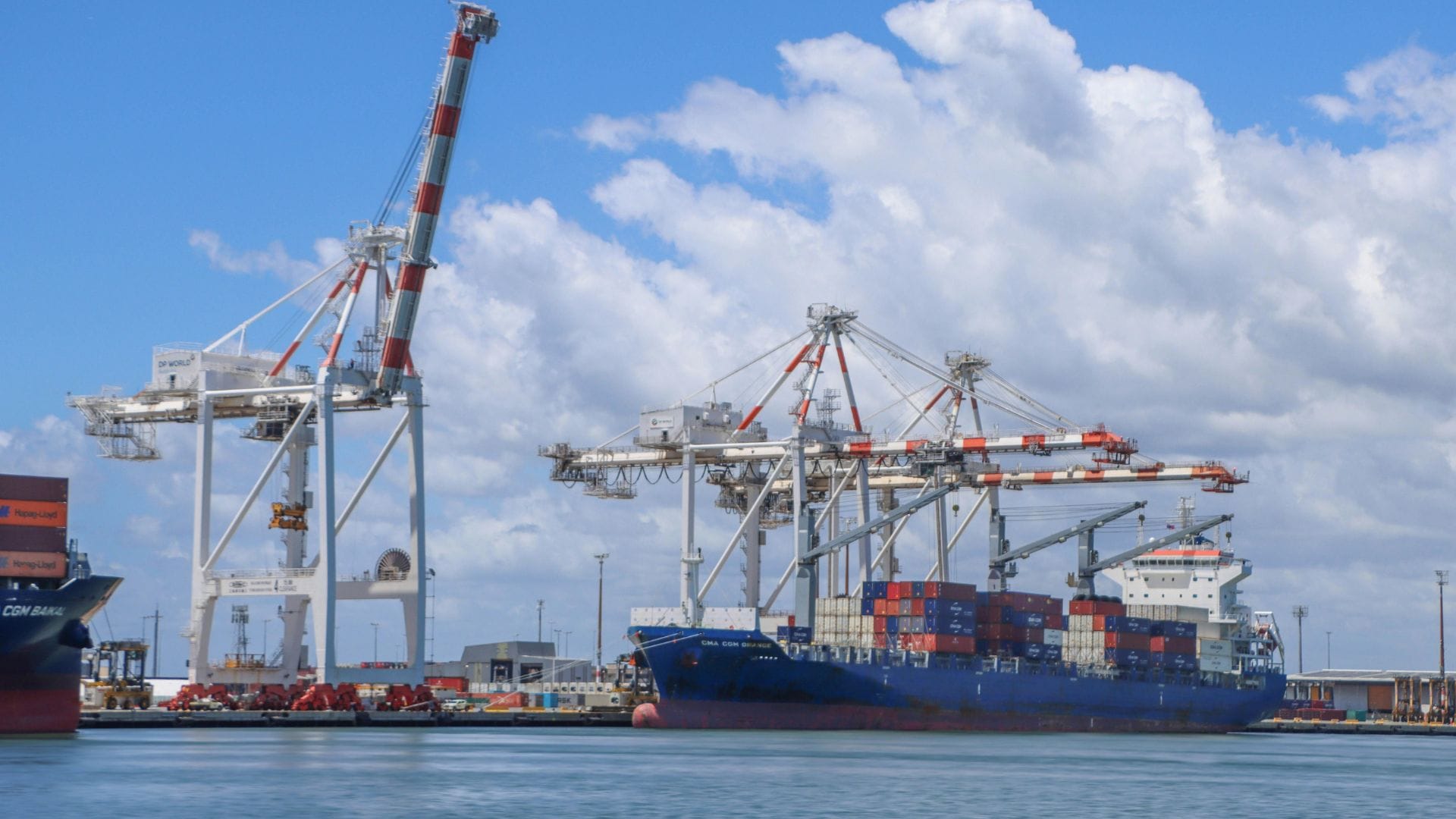 Buque portacontenedores azul con grúas en puerto, gestión de importación profesional para empresas